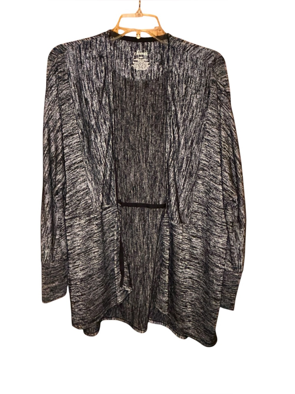 Soma Open Front‎ Cardigan Large Gray Black Marled Knit Lightweight Drape Sweater